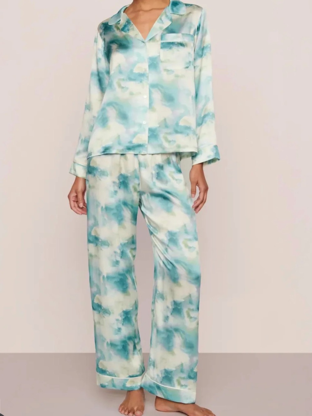 Eberjay Inez Washable Silk $298 Long PJ Set med sea foam sky blue lagoon NWT